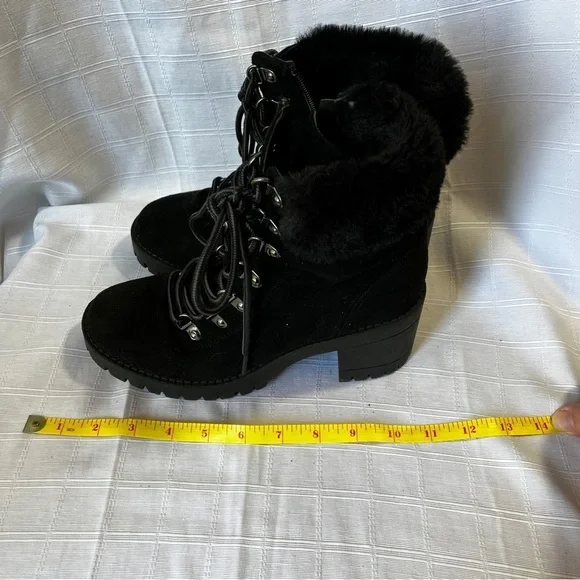 Top Moda Black Combat Style Chunky Heel Lace-Up Ankle Boots Faux Fur Women's 6.5 - Picture 10 of 11